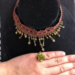 Boho style choker green and brown necklace & ring